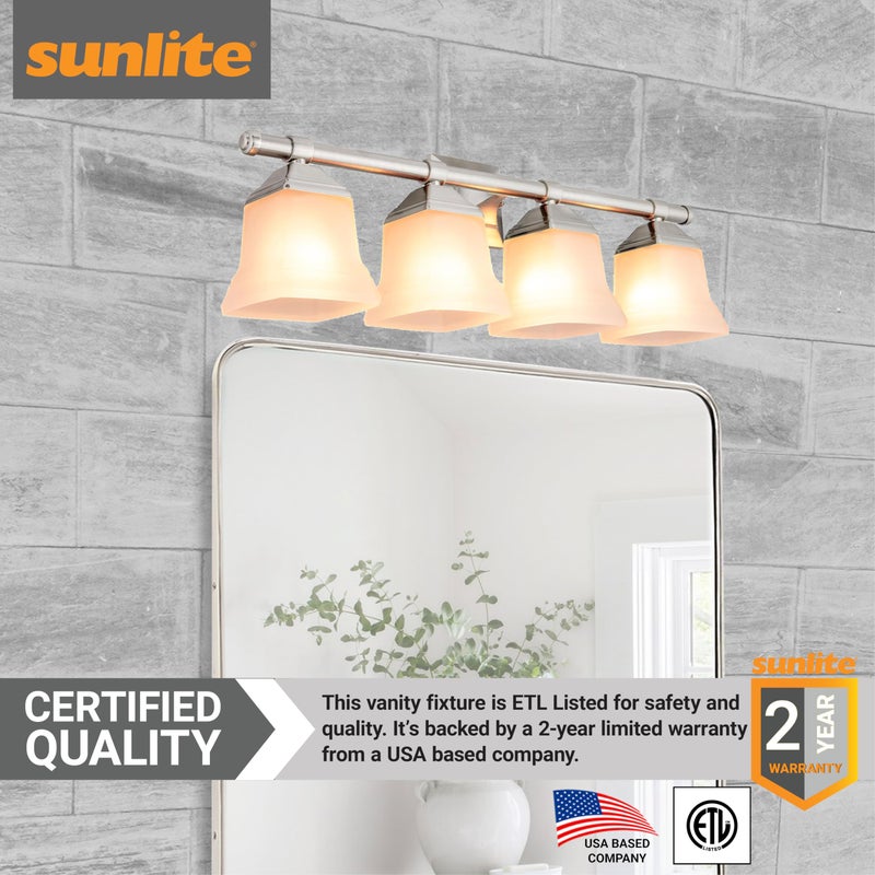 Sunlite 46064 25" Modern Square Bell Vanity Wall Mount Light Fixture, Medium Base (E26) Socket, Standard A19 Bulb Required (100W Max), Frosted Glass Shade, ETL Listed, 4 Light Brushed Nickel Finish - Image 4
